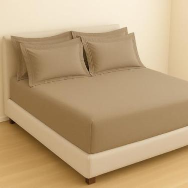 Imagem de Kit Jogo de Lençol 100% Algodão 300 Fios 4 fronhas com Abas (Caqui, Queen 5PCS)