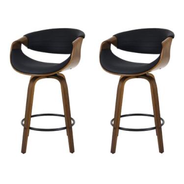 Imagem de Kit com 02 Banquetas Altas Estofadas Para Cozinha Gourmet Bancada Ilha Base Giratória Madeira Luxo Moderna Nicole Preta