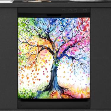 Imagem de DXTKWL Capa magnética para lava-louças, primavera, verão, outono, inverno, árvore, reutilizável, lava-louças, magnética, adesivo, decorativa, lavadora de louças, painel de porta para aparelhos