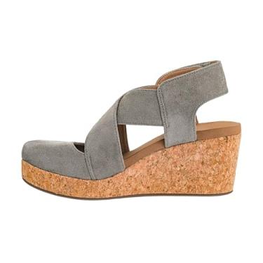 Imagem de Corkys Footwear Cunha fechada – um salto elegante de 6 cm com plataforma de 2,5 cm, bico fechado, alça cruzada, fecho de tira no tornozelo e palmilhas de EVA, Camurça sintética cinza, 37