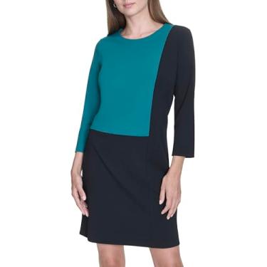 Imagem de Halston Vestido feminino com manga 3/4 e gola redonda na altura do joelho, Pinho/preto, 40