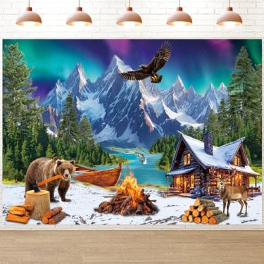 Imagem de Cenário fotográfico de aventura ártica, 25 x 2 m, aurora, neve, montanha, animais, fogueira, cenário florestal, crianças, adultos, acampamento, festa, adereços para fotos