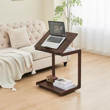 Imagem de MYOTA Mesa lateral, sala de estar, mesa de canto lateral de madeira com rodas, mesa de cabeceira de madeira maciça, bandeja de TV em forma de C, mesas de canto modernas para sofá, escritório, quarto