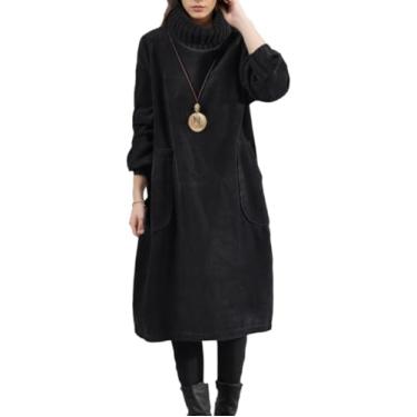 Imagem de Vestido De Veludo Cotelê Feminino Inverno Velo Vestido Grosso Manga Comprida Gola Alta Quente Plus Size Vestido Longo Com Bolsos, Black, XL