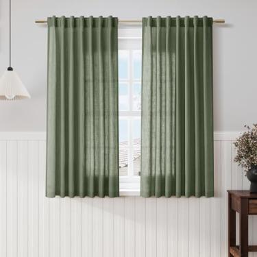 Imagem de Cortinas de linho verde-oliva de 152 cm de comprimento, conjunto de 2 painéis, bolso traseiro, semitransparente, filtro de luz, cortina curta, estilo rural, janela de sacada para sala de estar, quarto