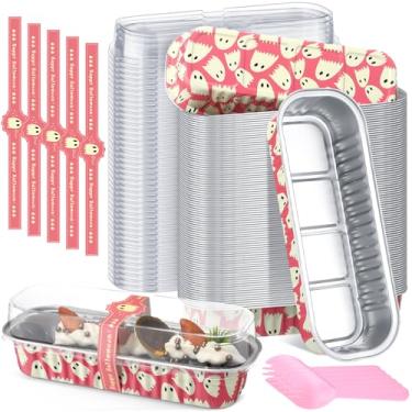 Imagem de Tioncy 50 peças de mini formas de pão rosa de Halloween com tampas, colheres, adesivo, fantasma fofo, 200 ml, retangular, folha de alumínio, assadeira, muffin, copos de cupcake para piqueniques
