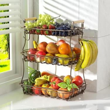 Imagem de Cesta de frutas de 3 camadas, camada de malha e 2 cabides de banana e cabo de madeira, tigela de frutas para balcão de cozinha, organizador de suporte de armazenamento de frutas retangular empilhável