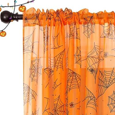 Imagem de Cortinas de Halloween para sala de estar, cortinas transparentes laranja 203 cm de comprimento, 2 painéis, decorações de Halloween para casa, cortinas de teia de aranha para decoração de quarto e casa