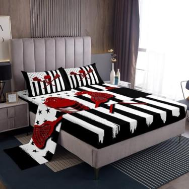 Imagem de Homewish Jogo de lençol solteiro de lacrosse, bandeira americana, 3 peças, para decoração de quarto de meninos, adolescentes e homens, lençol com elástico preto e branco, 1 fronha