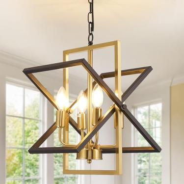 Imagem de WJShome Lustre preto e dourado de 4 luzes, luminária de sala de jantar de fazenda/lustre sobre mesa, luzes pendentes rústicas ilha de cozinha, luminária geométrica suspensa de foyer.