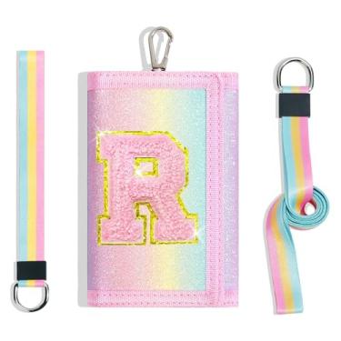 Imagem de cotmcor Carteiras infantis para meninas, adolescentes, 6-8, 8-10 anos, linda bolsa infantil com inicial de rebanho, bolso para moedas, glitter, arco-íris, carteira transversal para presentes de