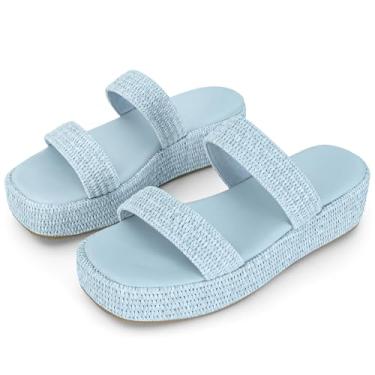 Imagem de Dsevht Sandálias plataforma femininas fofas alpargatas sem cadarço verão praia ráfia férias sandália confortável bico aberto sapatos elegantes, Azul, 40