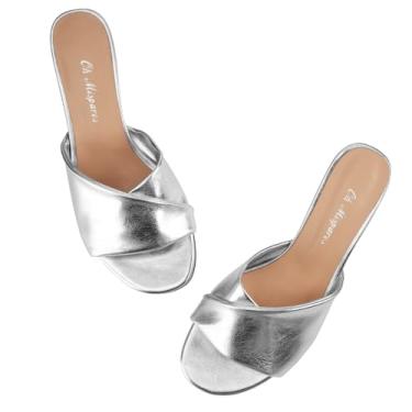 Imagem de Oh Mispares Sandálias femininas de salto baixo com bico aberto, tira cruzada, salto alto, confortável, casual, salto prateado, para formatura, casamento, férias, Prata, 38