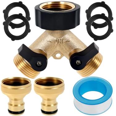 Imagem de Divisor de mangueira de jardim resistente de 2 vias, conector de mangueira de 3/4 polegadas, divisor em Y, coletor de mangueira de jardim de latão com arruelas de borracha e fitas (amarelo)