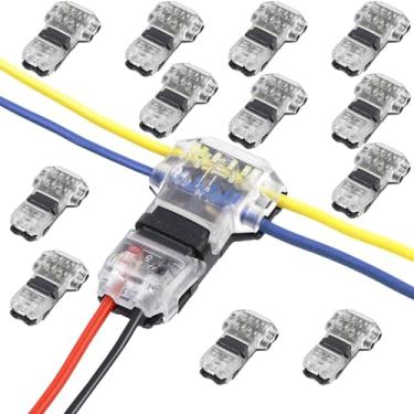 Imagem de 12 conectores de fio de torneira T para fios AWG 14-18, sem decapagem de fios, conector de emenda de fio de 3 vias 18 AWG 2 pinos, conectores de emenda de fio sem solda, conector de fiação tipo T para
