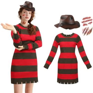 Imagem de Lyxaof Vestido feminino Killer Sweater Dress para mulheres, terror Halloween, verde, vermelho, listrado, suéter com chapéu, adesivos de cicatriz, cosplay, Vermelho, XXG