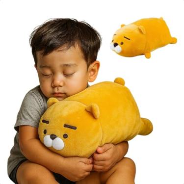 Imagem de Pelúcia Almofada Urso Amarelo Deitado Cilíndrico Para Dormir Abraçado Macio Fofo 37cm Grande Corpo Antialérgico Urso deitado macia Pelúcia Infantil Presente dia das crianças Natal Ano Novo