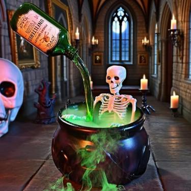 Imagem de Decorações de Halloween, caldeirão grande de bruxas para decoração de Halloween, com garrafas mágicas de poção flutuantes, balde de chamas e esqueleto, tigela de plástico preta para decoração de casa