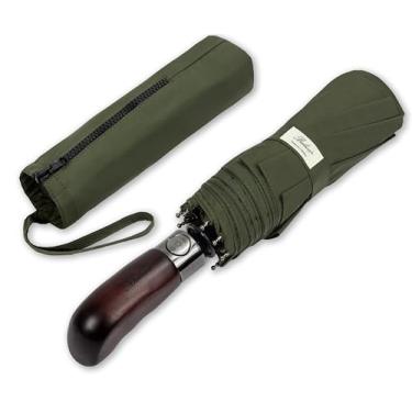 Imagem de Guarda-chuva de viagem Balios Prestige, alça de madeira real, abertura automática e fecho, ventilada à prova de vento com cobertura dupla, projetado no Reino Unido, Olive Green with Real Wood Handle