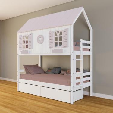 Imagem de Beliche Casinha Bela Com Coração 2 Gavetas Madeira Maciça Branco/rosa Housin
