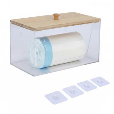 Imagem de Dispensador de saco de lixo com tampa de bambu, suportes de saco de plástico para sacolas de compras, organizadores de acrílico para montagem na parede para cozinha, armário, despensa, organizadores
