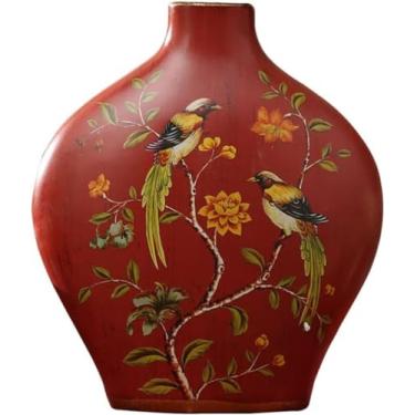 Imagem de AKALNNB Requintado vaso de flores vermelhas de cerâmica, pintura chinesa, padrões de flores e pássaros, vasos de flores decorativos, vasos de flores, decoração para sala de estar, quarto, P