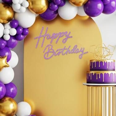 Imagem de TONIFUL Placa de feliz aniversário para pano de fundo - faixa de feltro roxa com glitter - inclui cola de bolinhas - perfeita para pano de fundo de festa de aniversário, decoração de parede, arco de