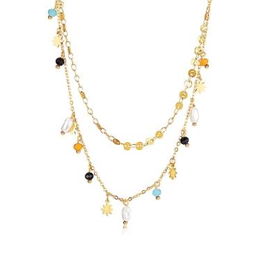 Imagem de Rockyu Colar feminino dourado de aço inoxidável hipoalergênico com pingente de estrela dupla com pérola irregular, perfeito para presentes