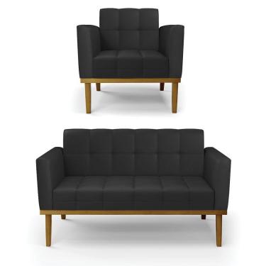 Imagem de Conjunto Poltrona E Namoradeira Decorativas Pés Fixo Em Madeira Castanho Pu Preto