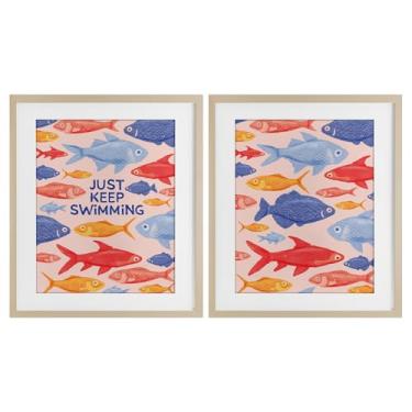 Imagem de Stupell Industries Just Keep Swimming Motivating Fish 2 peças Impressão emoldurada de bétula sob o conjunto de vidro, design por The Paper Curator, 40,6 x 33,5 cm