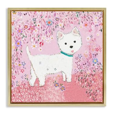 Imagem de Stupell Industries Lola Pink Floral Puppy Black Framed Floater Canvas Wall Art, design por Clare Tupper, 18 x 18