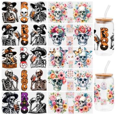 Imagem de 10 folhas de adesivos de transferência DTF UV de caveira, para copo de vidro Libbey, decalques à prova d'água, etiqueta adesiva de plástico para decoração de garrafas e copos