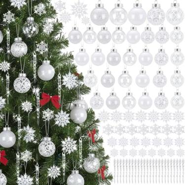 Imagem de Jenaai 98 peças de decorações de árvore de Natal com glitter, 30 peças, 6 cm, enfeites de bola de Natal de plástico transparente, 32 enfeites de flocos de neve brancos, 36 pingentes de gelo de árvore