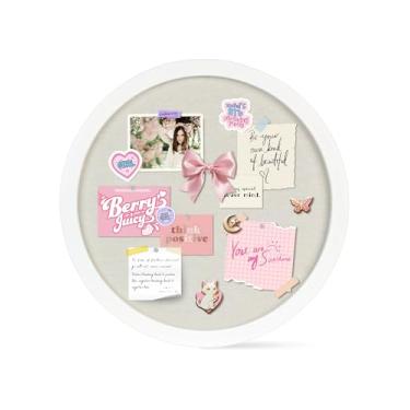 Imagem de Aitakatta Quadro de avisos redondo com linho, quadro de avisos de 33 cm de diâmetro com moldura de madeira branca, quadro decorativo para pendurar quadro de visão, quadro de mensagens para escritório