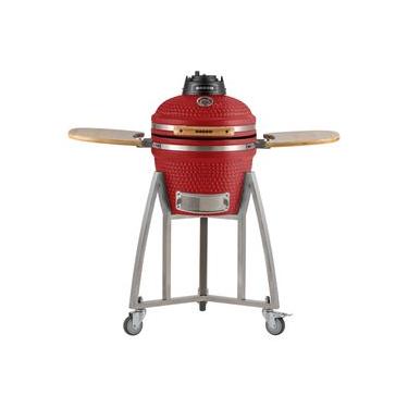 Imagem de Churrasqueira Kamado Pequeno RASCO Vermelho c/ grelha aço inox, suporte e mesas. Ideal p/ 5 pessoas Vermelho