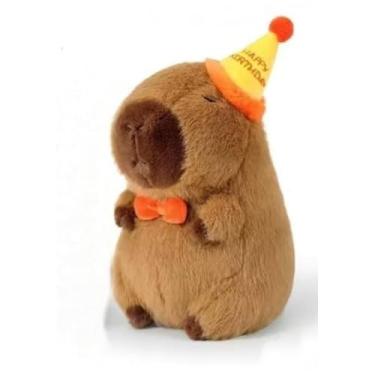 Imagem de Capivara de Pelúcia Aniversário – Bichinho de Pelúcia com Chapéu “Happy Birthday”, Fofo, Macio e Decorativo – 3 Tamanhos (Pequeno, Médio e Grande) (Grande – 40 a 45 cm)