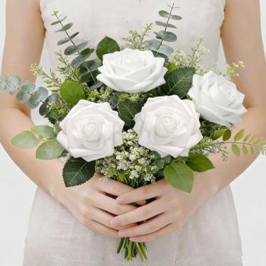 Imagem de 4 peças de rosas falsas de espuma de relíquia de flores artificiais de aparência real com hastes para buquês de casamento, decoração de casa rosa para chá de panela, arranjos florais, mesas de festa