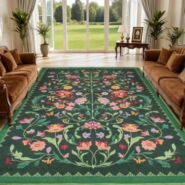 Imagem de Tapete de área grande 2,4 x 3 m lavável na máquina - Design floral em verde floresta, tapete vintage grosso antiderrapante à prova d'água para sala de estar, quarto, sala de jantar, resistente a