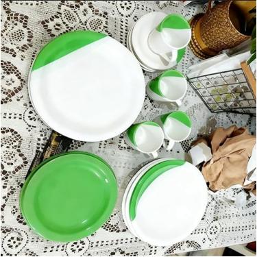 Imagem de Prato de Sobremesa Branco，Jogo de jantar Louças pratos e xícaras 20 peças completo de cerâmica Lindas cores (Verde,20)