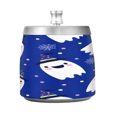 Imagem de Qilmy Cinzeiro de aço inoxidável Halloween Witchy Ghosts com tampa - Cinzeiro de cigarro à prova de vento sem cheiro sem fumaça para casa, escritório, carro, pátio, varanda (uso interno e externo)
