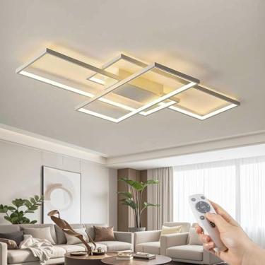 Imagem de Luminária de teto LED moderna, dimerizável, com design retangular de 3 anéis e controle remoto, ideal para sala de estar, quarto, sala de jantar, cozinha, escritório e iluminação interna (Br