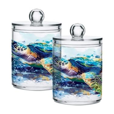 Imagem de Qilmy Pacote com 2 suportes para tartarugas marinhas com tinta azul, frascos de boticário de 400 ml, vasilha organizadora de banheiro para cotonetes, bolas de algodão, almofadas de maquiagem, fio