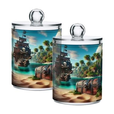 Imagem de Qilmy Pacote com 2 suportes para navio pirata de praia, boticário de 400 ml, vasilha organizadora de banheiro para cotonetes, bolas de algodão, almofadas de maquiagem, fio dental, sais de banho