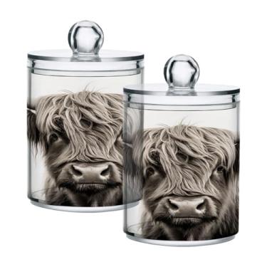 Imagem de Qilmy Highland Cow Suporte Qtip pacote com 2, frascos de boticário de 400 ml, vasilha organizadora de banheiro para cotonetes, bolas de algodão, almofadas de maquiagem, fio dental, sais de banho