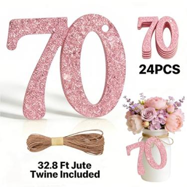 Imagem de ALISSAR 24 peças, ouro rosa, 70 etiquetas numéricas com barbante de juta de 32,8 m – decorações de aniversário de 70 anos, artigos de festa de 70 anos, peças centrais de pote de pedreiro, kit de