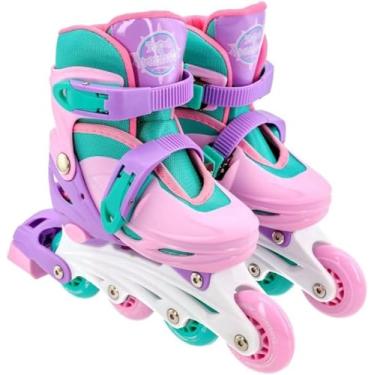 Imagem de Patins Infantil Ajustável Rosa com Kit Proteção Completa Tamanho 30-33 - Rodas PU Resistentes, Sistema Ajustável, Joelheiras, Cotoveleiras e Capacete
