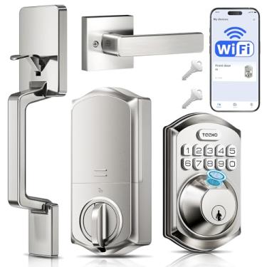 Imagem de TEEHO Fechadura de porta de entrada inteligente sem chave Wi-Fi com alça, trava de fechadura de impressão digital com código, conjunto de fechadura de porta frontal de teclado, controle de voz Alexa
