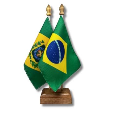 Imagem de Bandeira de Mesa Elegance Brasil e Brasil Imperial, Decorativa, Dupla Face, Multicolorido, 19x13cm, Base Dupla, Escritório e Eventos, Tecido Oxford, Base em Madeira