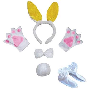 Imagem de Petitebella Tiara de coelho com orelhas de borboleta, luvas de cauda, 5 peças, fantasia 1-5 anos (branco/amarelo, tamanho único)