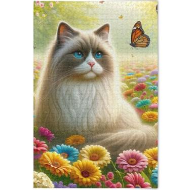 Imagem de Ragdoll Quebra-cabeça com estampa de gato floral adulto 500 peças presentes para amantes de quebra-cabeça paisagem personalizada desenho animado arte animal, 52 cm x 37,8 cm